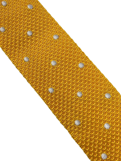 Yellow gold knitted tie with white polka spots